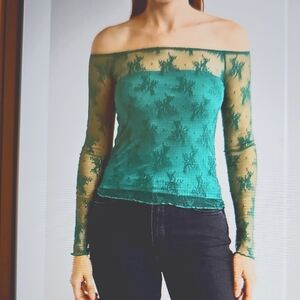 NWT Elodie Long Sleeved Off The Shoulder Lace Top Green Medium